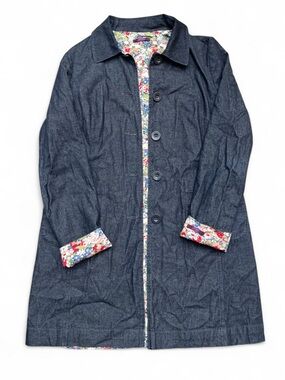 Liberty Arts Fabrics size M Women's Dark Indigo Denim Trench Coat with Floral